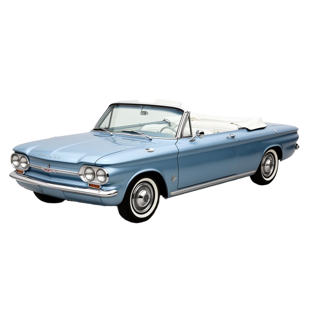 Light blue 1964 Chevrolet Corvair Monza convertible with white interior, top down