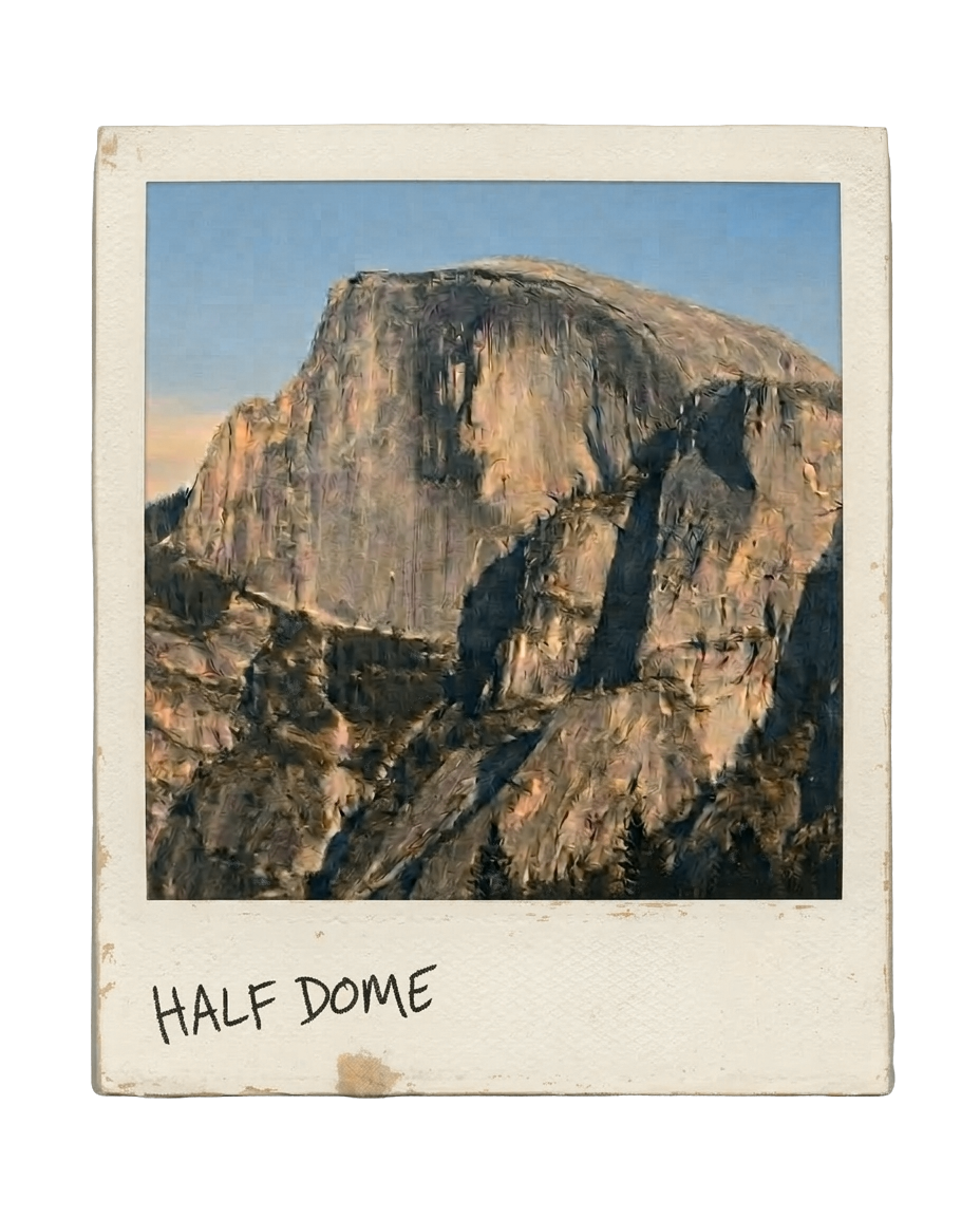 Vintage Polaroid photograph of Half Dome in Yosemite at golden hour, with 'HALF DOME' handwritten on the bottom border