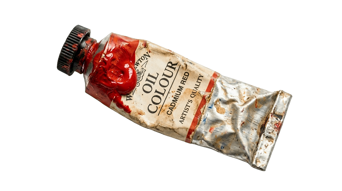 Used metal tube of cadmium red artist's oil paint, crumpled and squeezed, with paint oozing from the cap