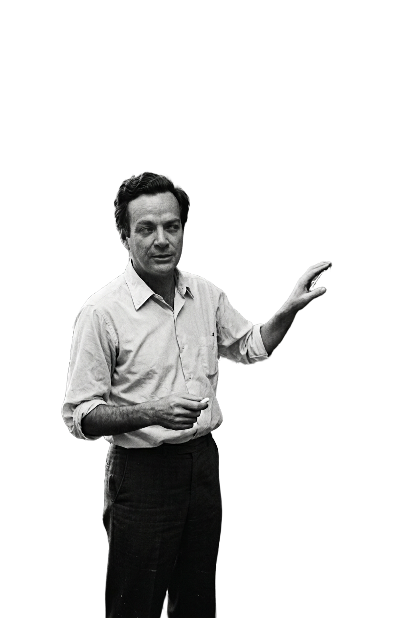 Black-and-white portrait of physicist Richard P. Feynman laughing